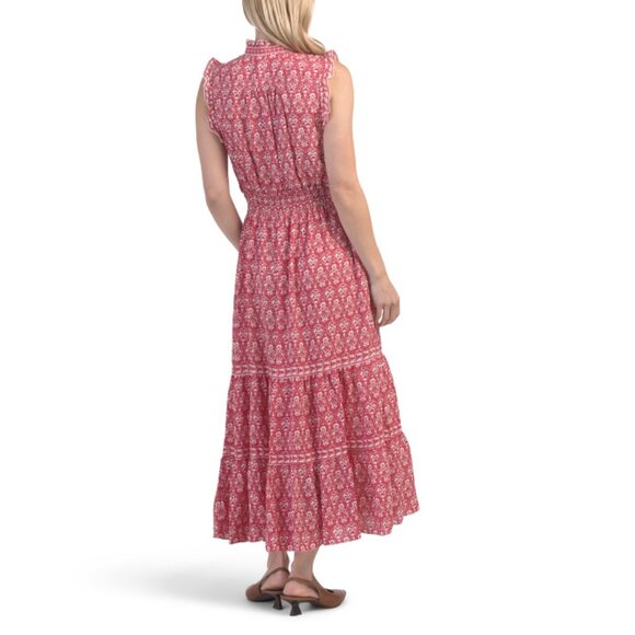 MAX STUDIO Red/White Sleeveless Smocked Waist Tiered Maxi Dress - Picture 2 of 2